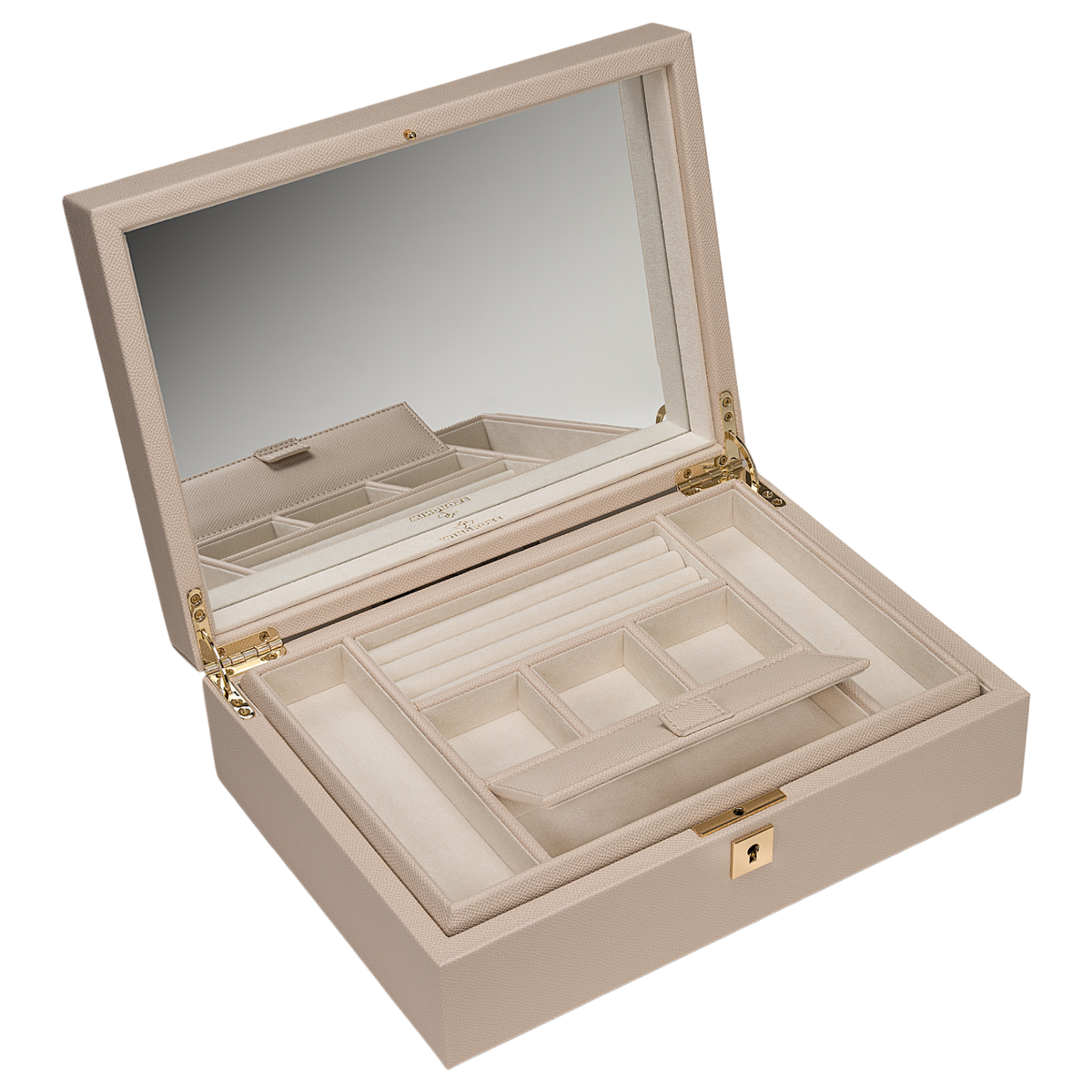Charmbox luxora beige – geöffnet mit Spiegel, Schrägansicht