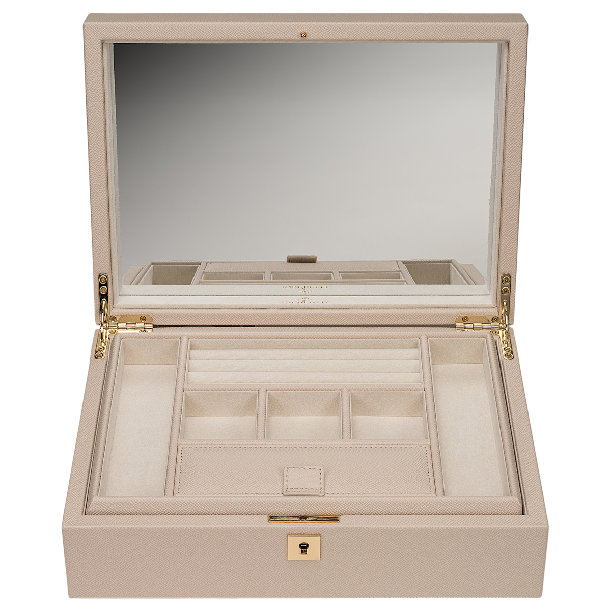 Charmbox luxora beige – geöffnet mit Spiegel, Frontansicht