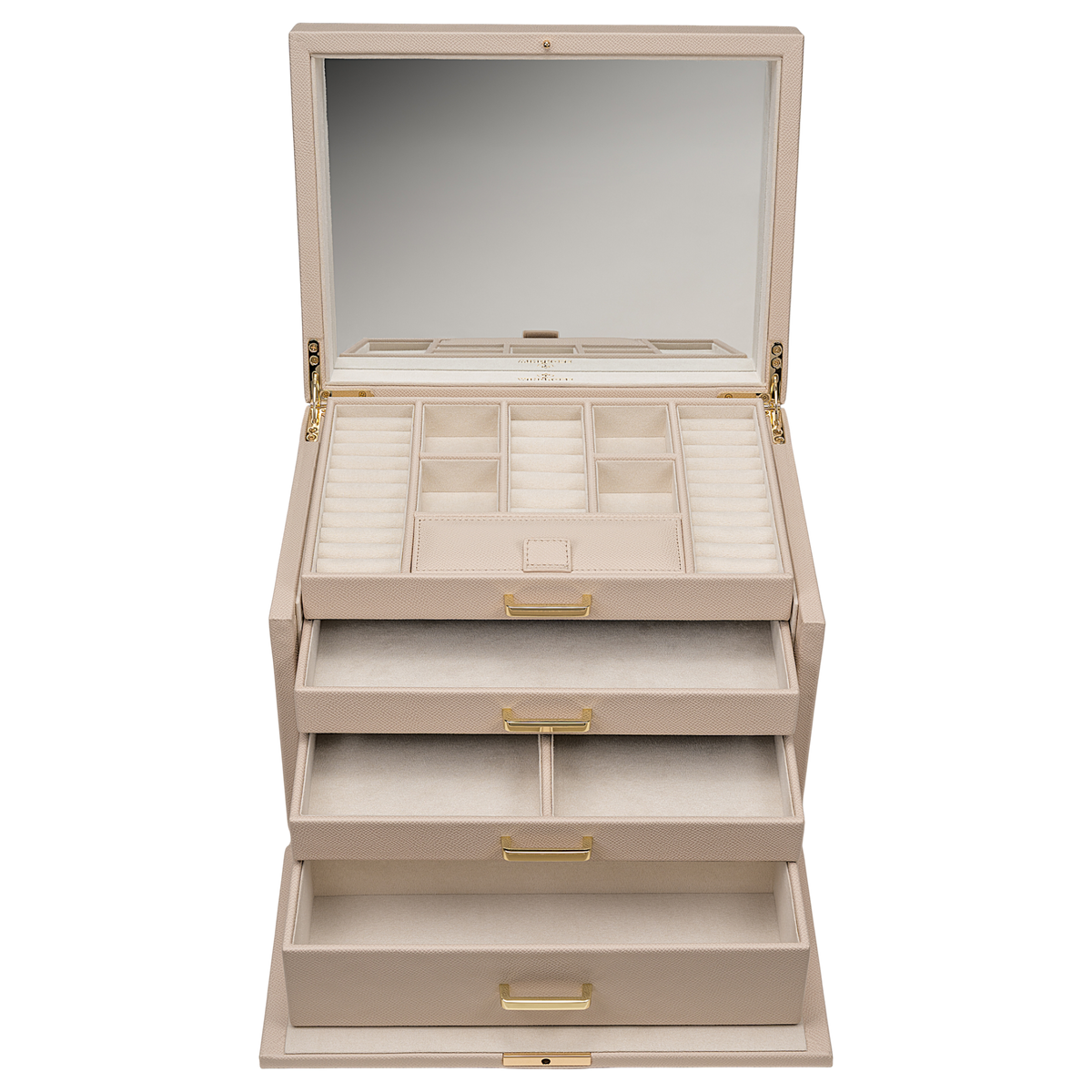 Schmuckkoffer luxora beige (Art.-Nr. 803992.12) – geöffnet mit ausgezogenen Schubladen, Frontansicht