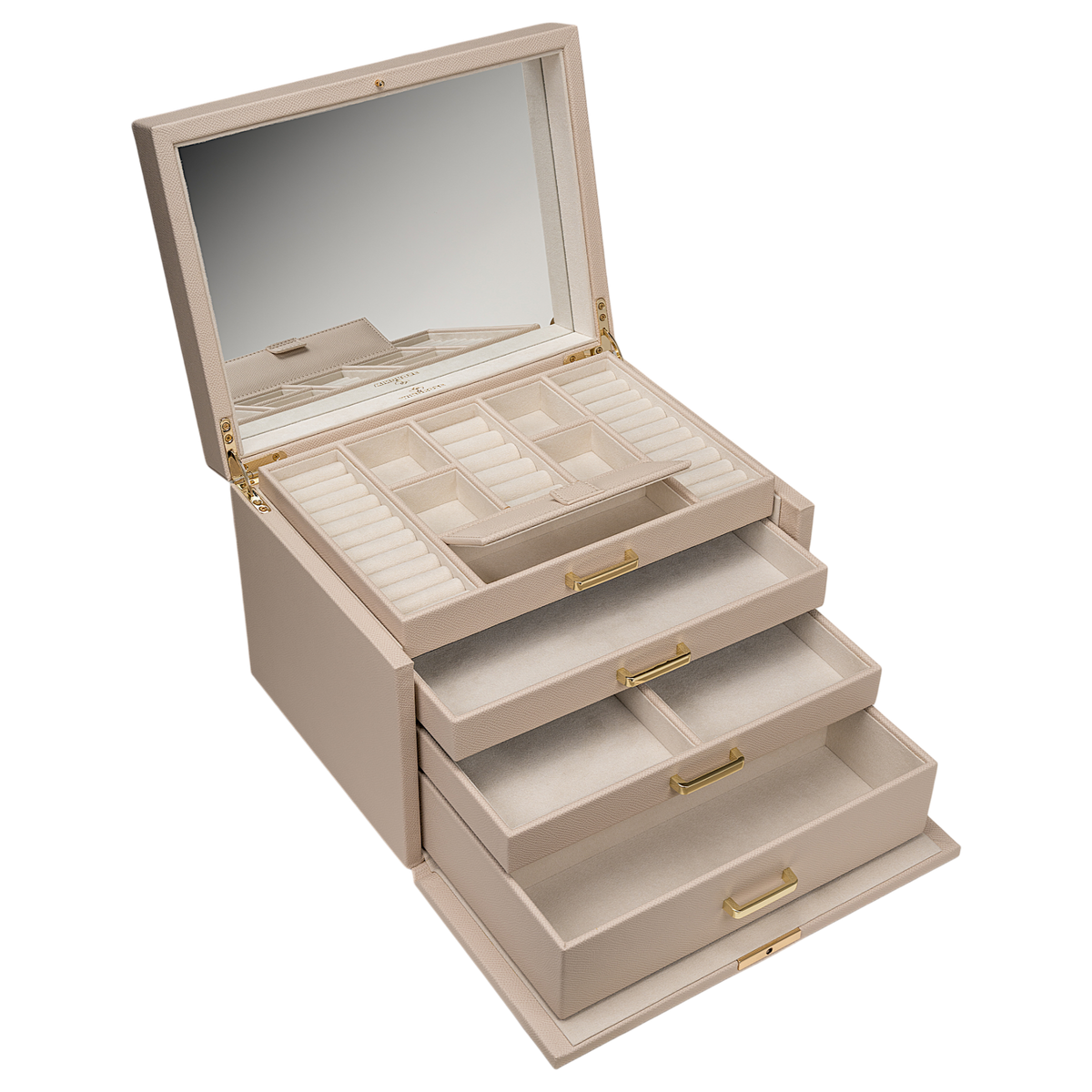 Schmuckkoffer luxora beige (Art.-Nr. 803992.12) – geöffnet mit ausgezogenen Schubladen, Schrägansicht