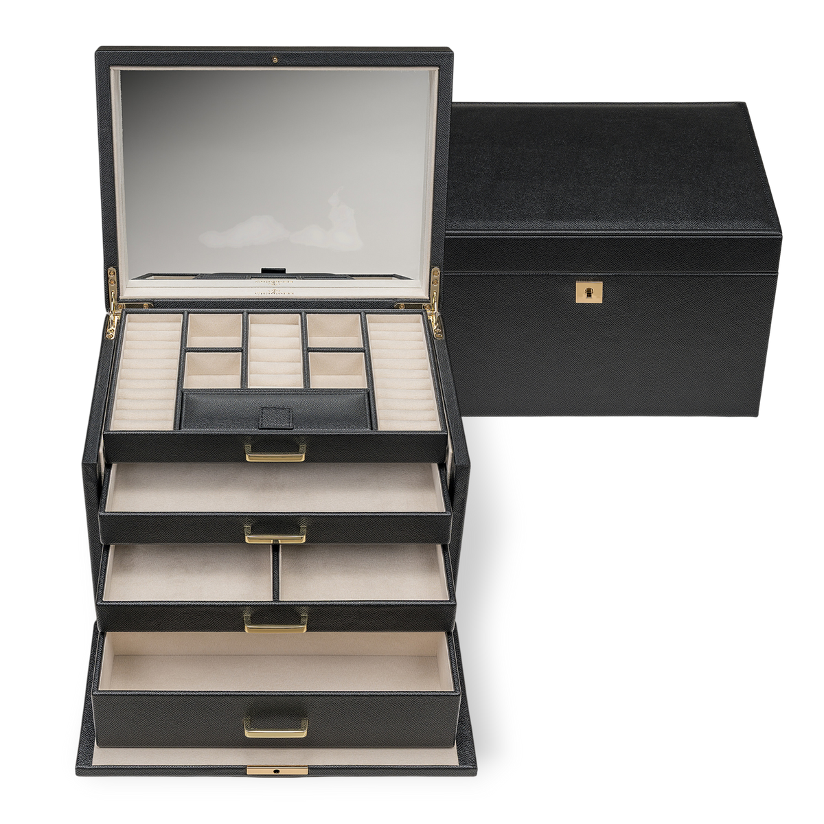 Schmuckkoffer luxora schwarz (Art.-Nr. 803992.08) – geöffnet mit ausgezogenen Schubladen, Frontansicht mit geschlossener Box