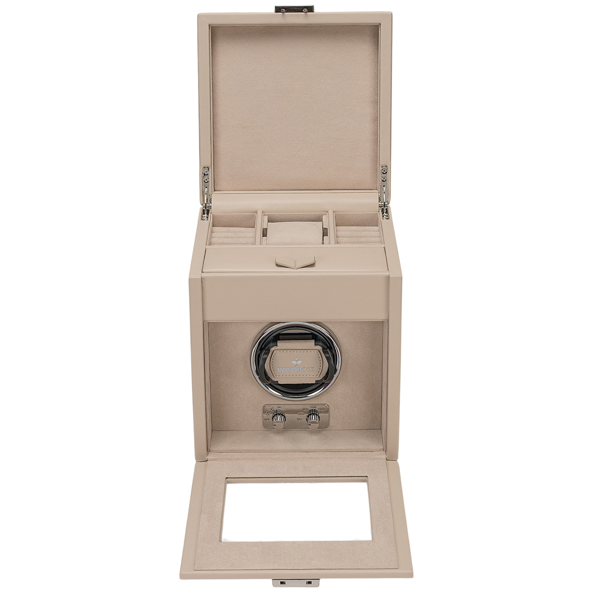 Uhrenbeweger 1 Uhr luxora beige-chrom – geöffnet, Frontansicht